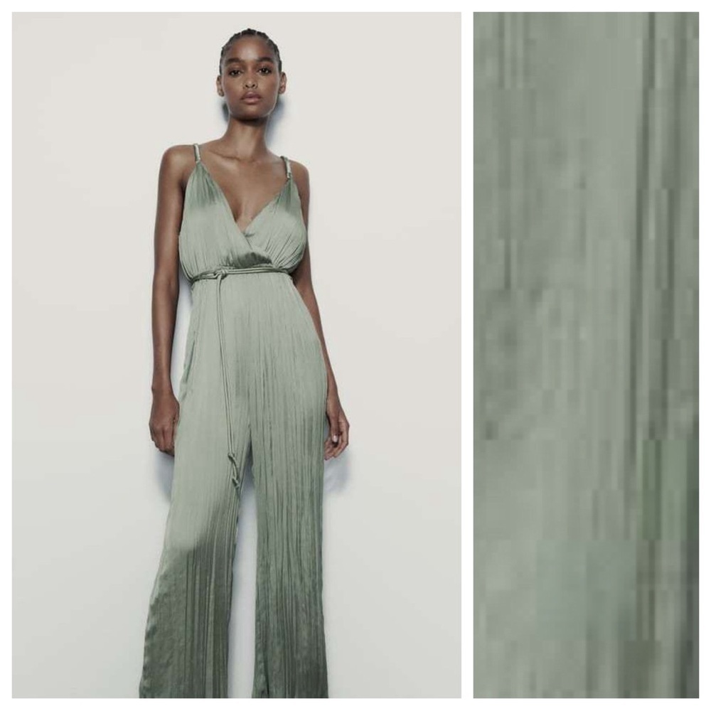 NWT. Zara Green Satin Effect Wrinkled Effect/Pleaded Jumpsuit. Size L. - Picture 1 of 9